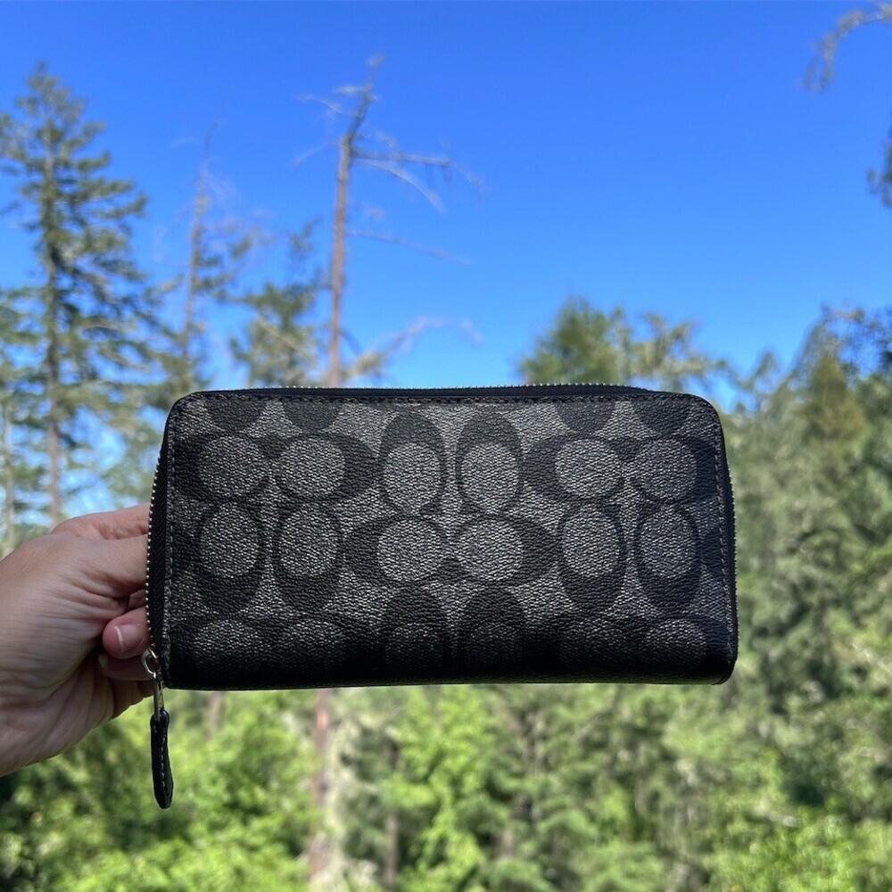 COACH Long Zip-Around Wallet Signature Metallic Black/Gray with Silver Hardware - Picture 2 of 10